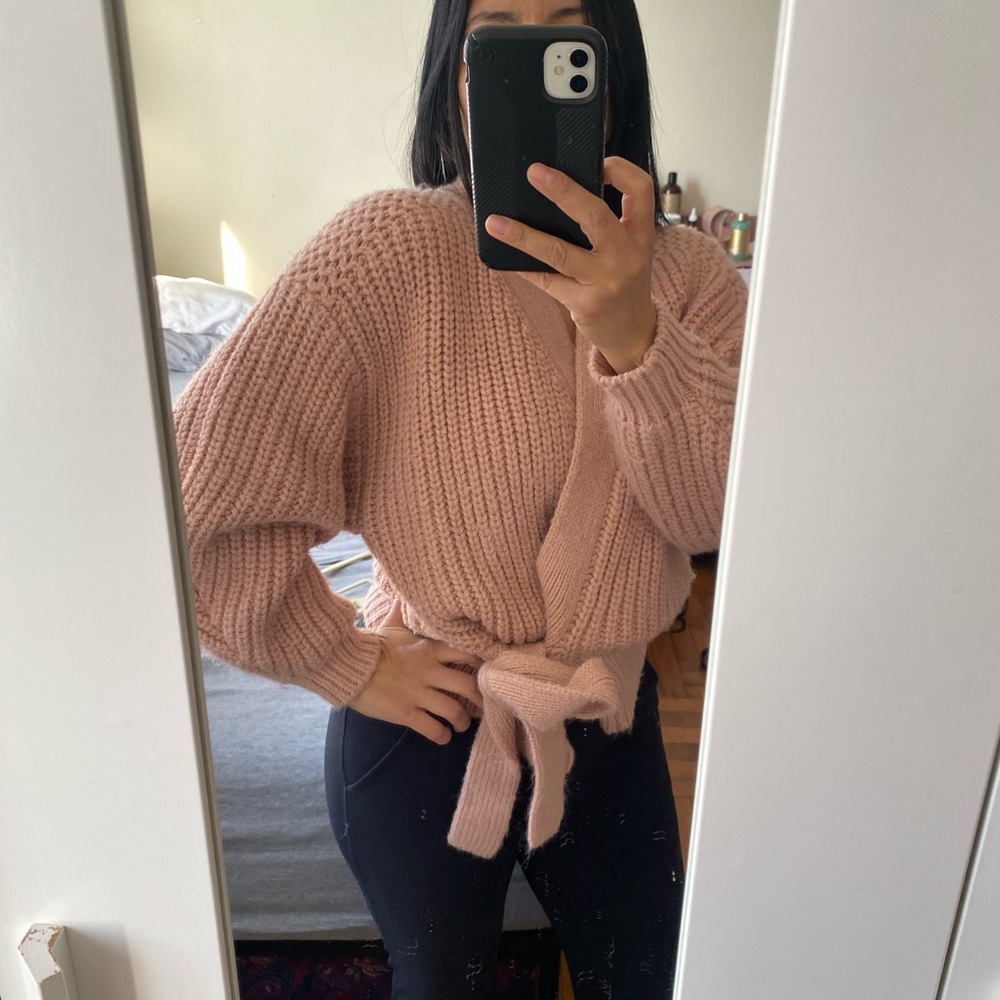 Zara blush pink chunky knit belted wrap cardigan with balloon sleeves - Small